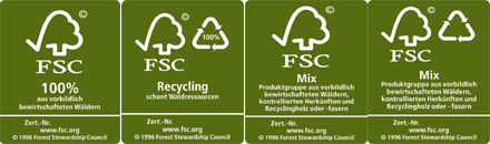 Das FSC-Label unterteilt sich in drei Kategorien: FSC Pure, FSC Mixed Sources und FSC Recycling.  © 1996 Forest Stewardship Council A.C.